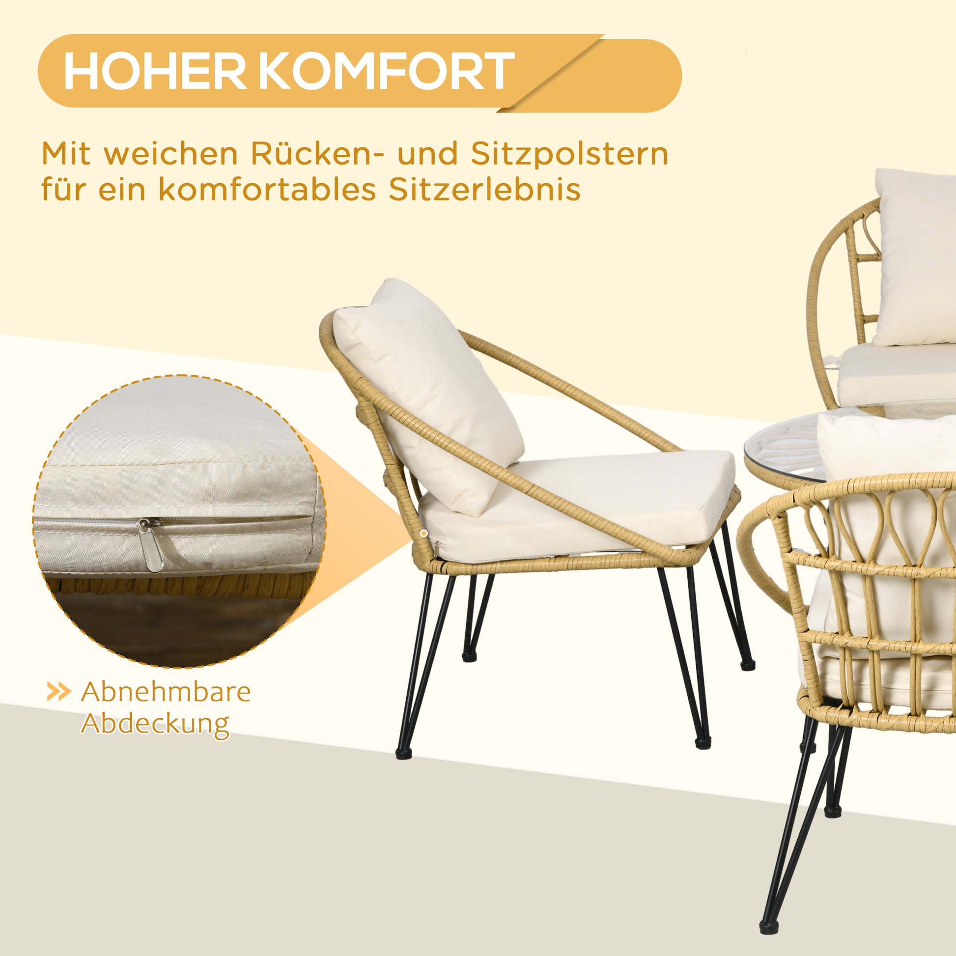 5-Piece Rattan Dining Set, Patio Furniture Set, Dining Set including 1 Dining Table, 4 Chairs, Garden Set with Seat Cushions, for Balcony, Terrace, Polyester, Beige