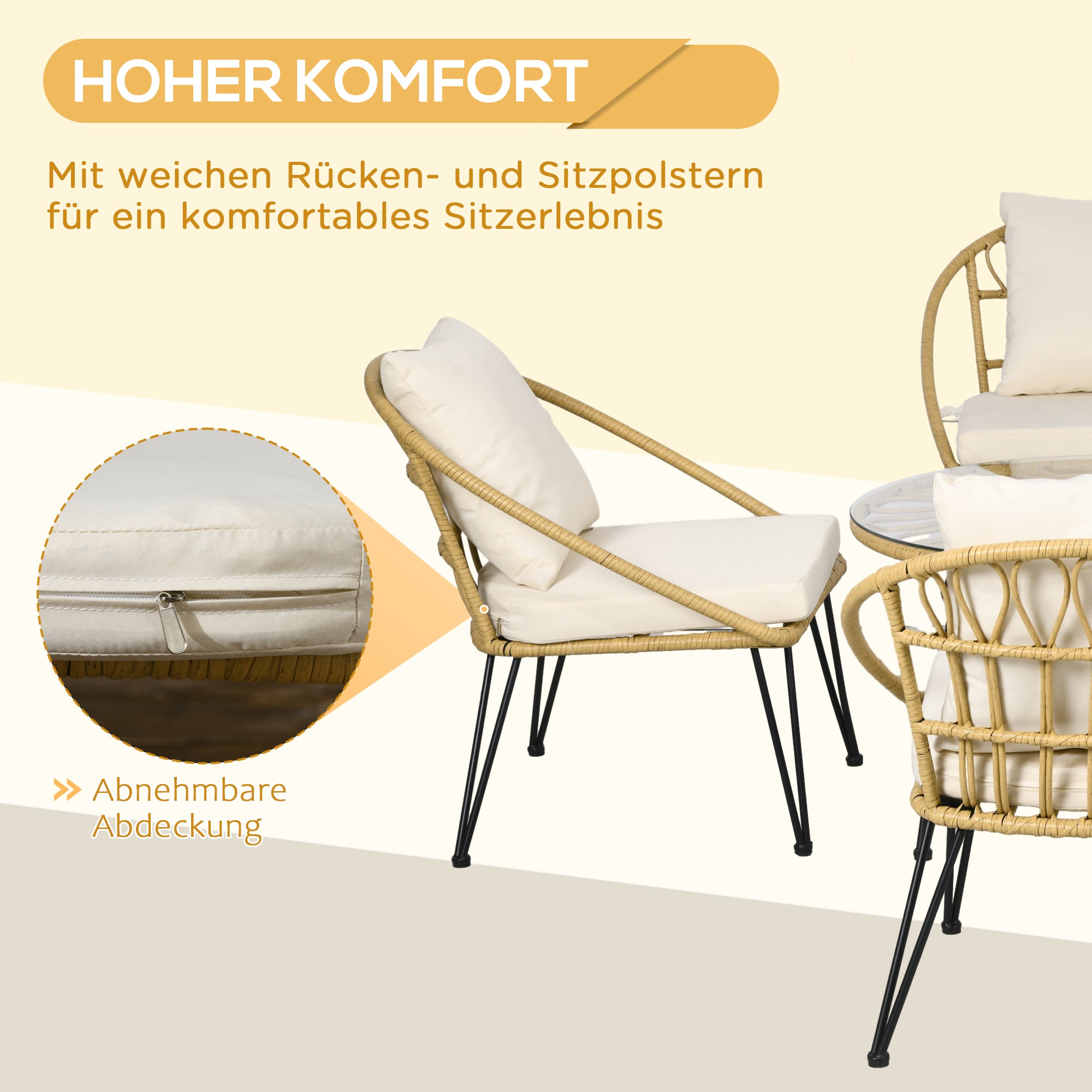 5-Piece Rattan Dining Set, Patio Furniture Set, Dining Set including 1 Dining Table, 4 Chairs, Garden Set with Seat Cushions, for Balcony, Terrace, Polyester, Beige