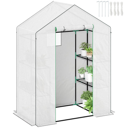Greenhouse with Rolling Door, Window, Shelves, Winterproof Steel Frame Greenhouse for Balcony, Garden, Tomato House 143 x 74 x 190 cm, Tomato Greenhouse for Tomatoes, Vegetables, White
