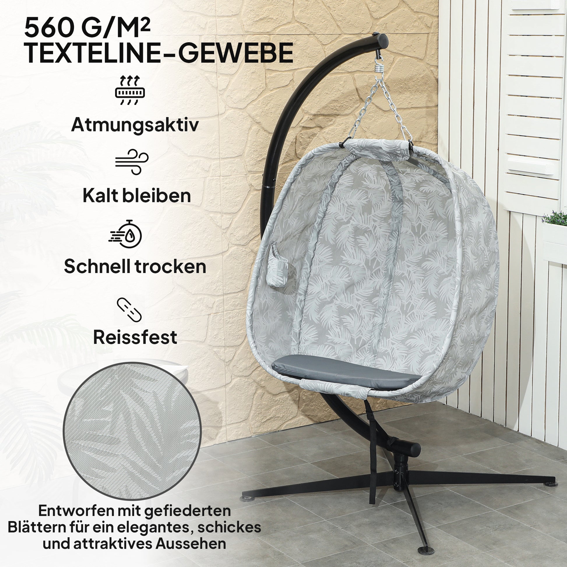 Hanging Chair with Stand, Foldable Egg-shaped Swing Chair with Soft Seat Cushions, Hammock for Outdoor Indoor, Patio, Garden, Gray
