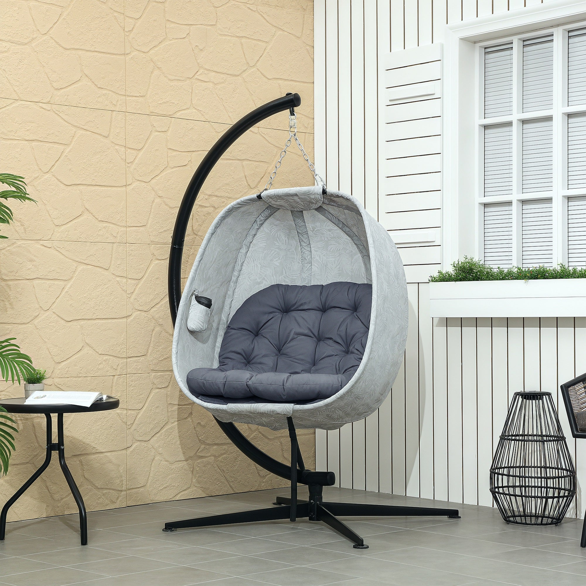 Hanging Chair with Stand, Foldable Egg-shaped Swing Chair with Soft Seat Cushions, Hammock for Outdoor Indoor, Patio, Garden, Gray