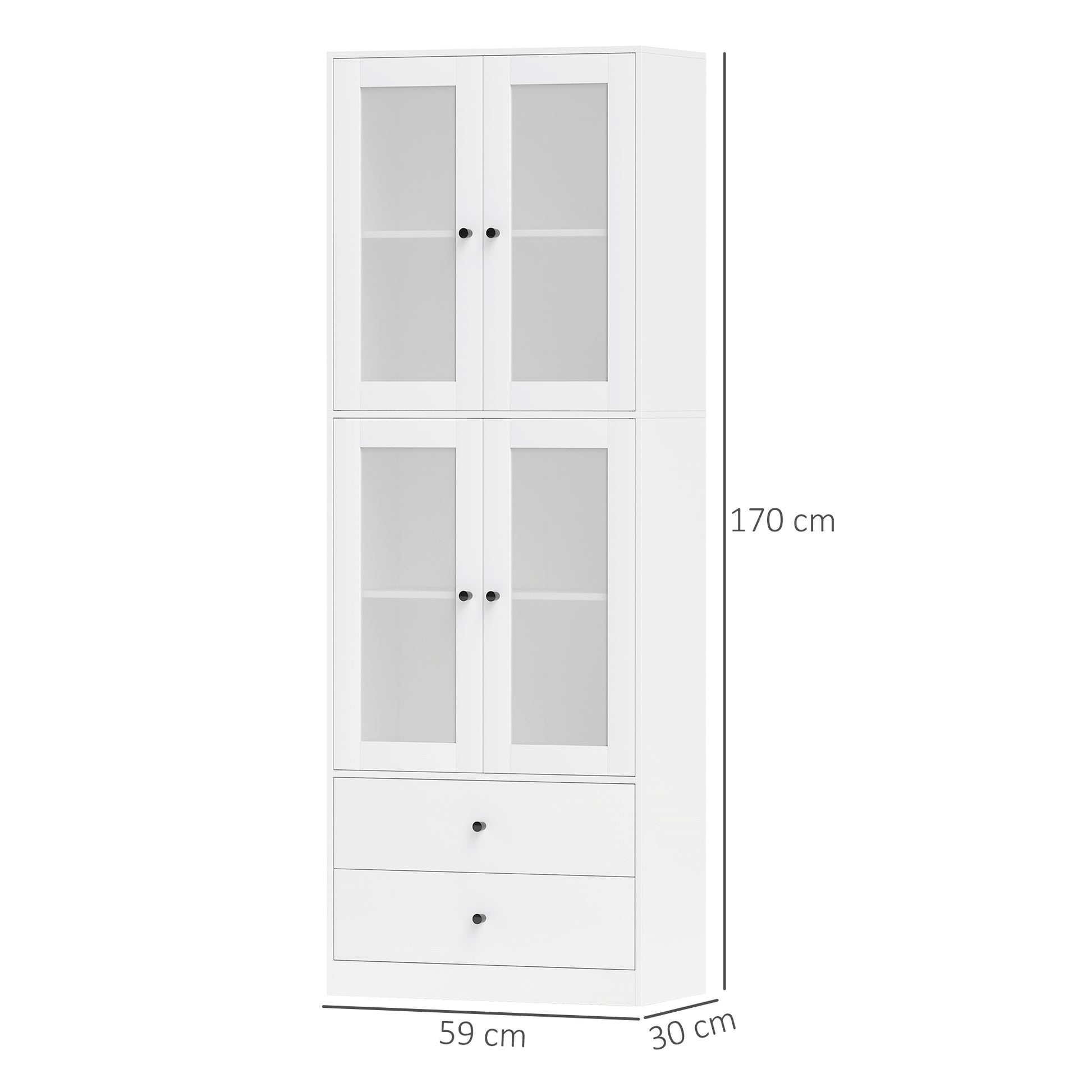 Kitchen Cabinet Tall Cupboard with Worktop, 4 Glass Doors and 2 Drawers Buffet Cabinet Display Cabinet with Adjustable Shelves White, 59 x 30 x 170 cm
