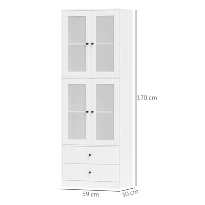 Kitchen Cabinet Tall Cupboard with Worktop, 4 Glass Doors and 2 Drawers Buffet Cabinet Display Cabinet with Adjustable Shelves White, 59 x 30 x 170 cm