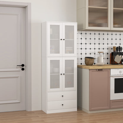 Kitchen Cabinet Tall Cupboard with Worktop, 4 Glass Doors and 2 Drawers Buffet Cabinet Display Cabinet with Adjustable Shelves White, 59 x 30 x 170 cm