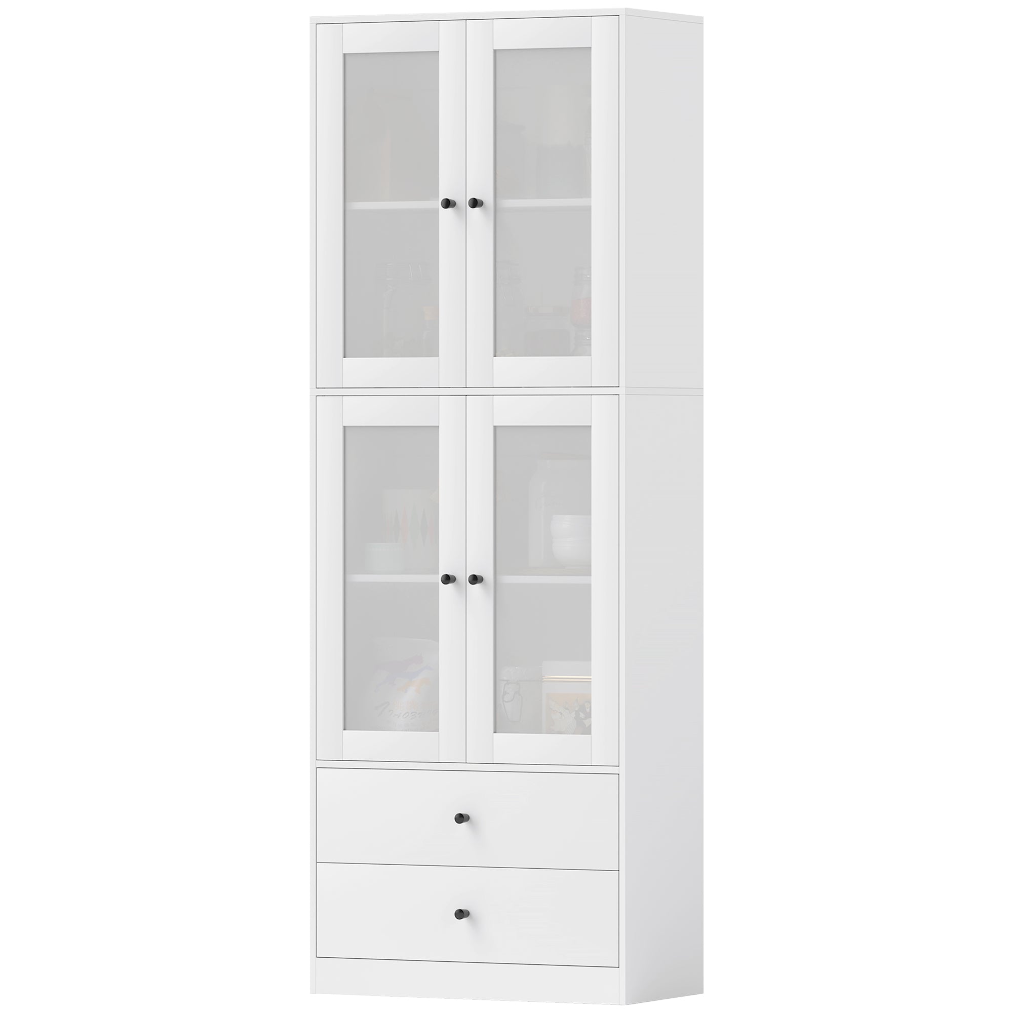 Kitchen Cabinet Tall Cupboard with Worktop, 4 Glass Doors and 2 Drawers Buffet Cabinet Display Cabinet with Adjustable Shelves White, 59 x 30 x 170 cm