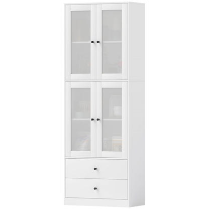 Kitchen Cabinet Tall Cupboard with Worktop, 4 Glass Doors and 2 Drawers Buffet Cabinet Display Cabinet with Adjustable Shelves White, 59 x 30 x 170 cm