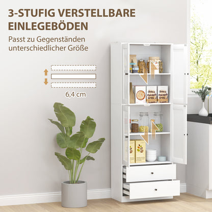 Kitchen Cabinet Tall Cupboard with Worktop, 4 Glass Doors and 2 Drawers Buffet Cabinet Display Cabinet with Adjustable Shelves White, 59 x 30 x 170 cm