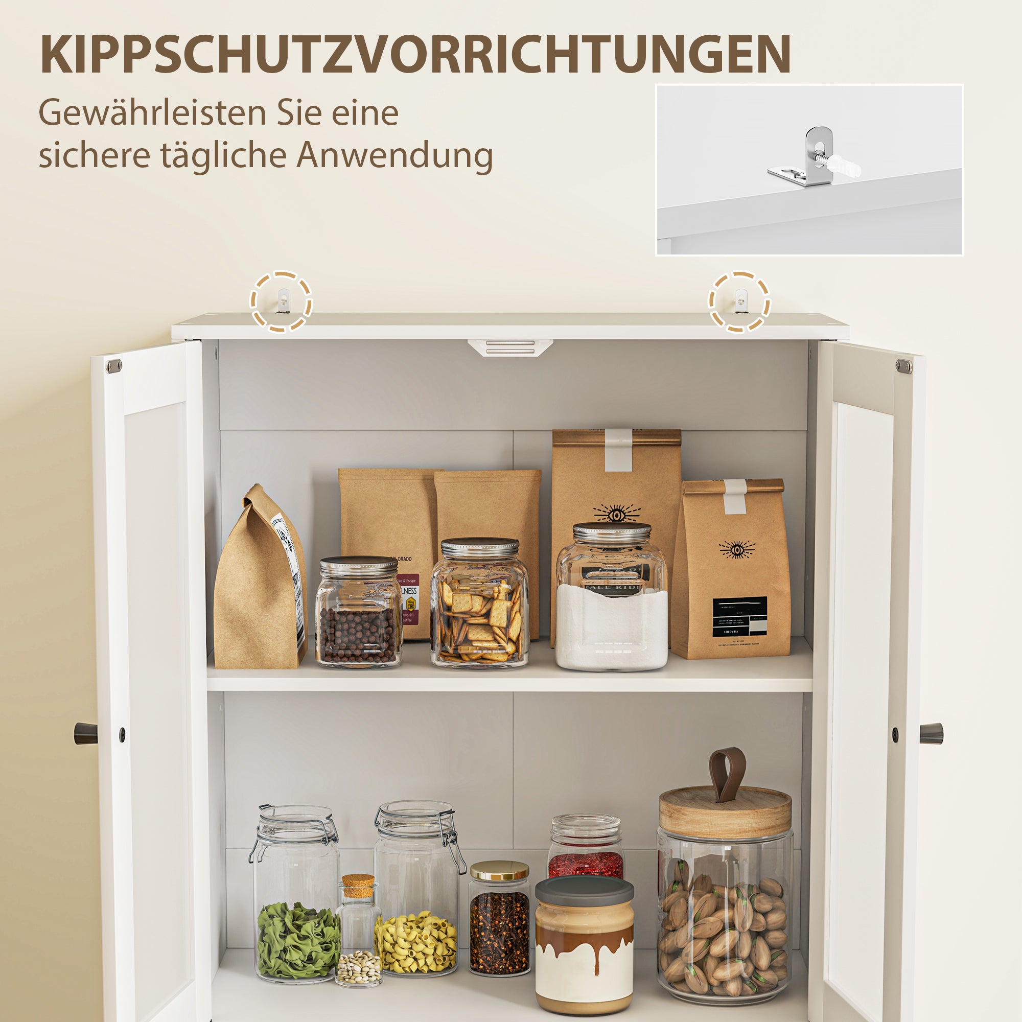 Kitchen Cabinet Tall Cupboard with Worktop, 4 Glass Doors and 2 Drawers Buffet Cabinet Display Cabinet with Adjustable Shelves White, 59 x 30 x 170 cm