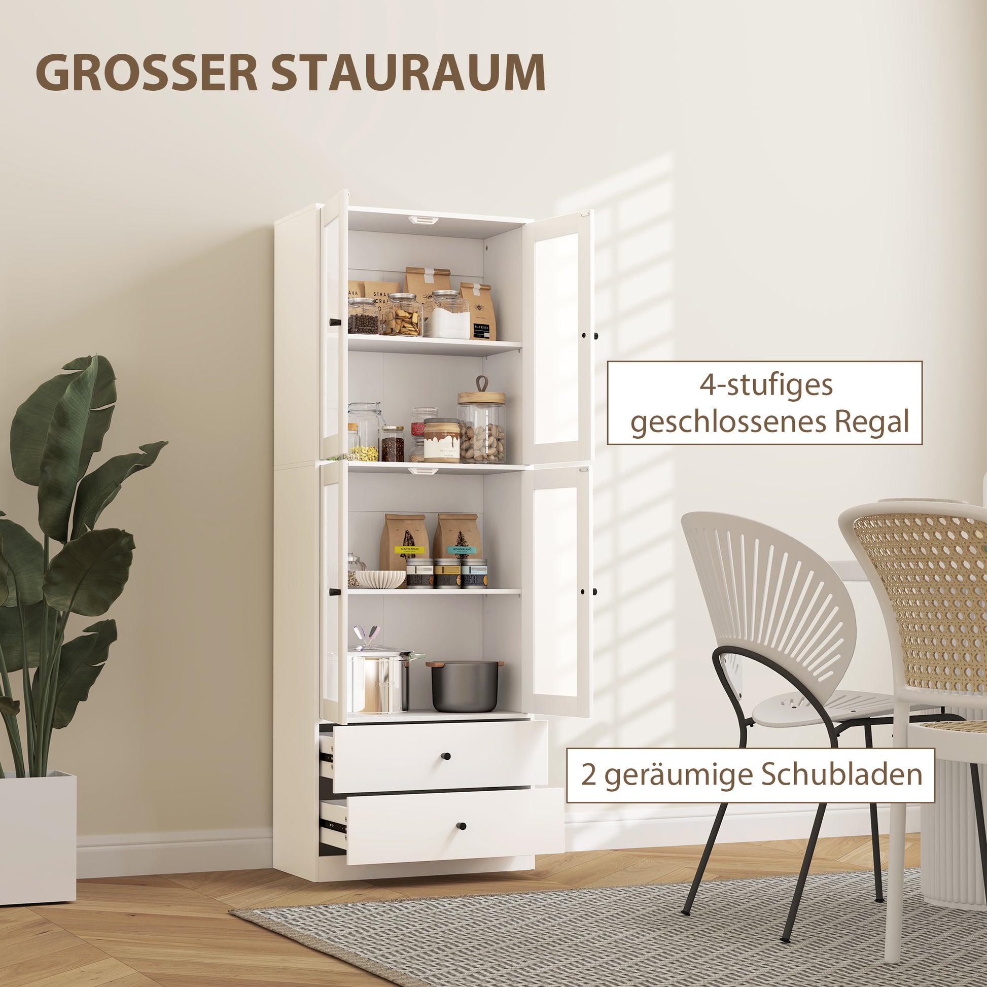 Kitchen Cabinet Tall Cupboard with Worktop, 4 Glass Doors and 2 Drawers Buffet Cabinet Display Cabinet with Adjustable Shelves White, 59 x 30 x 170 cm