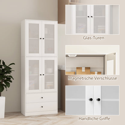 Kitchen Cabinet Tall Cupboard with Worktop, 4 Glass Doors and 2 Drawers Buffet Cabinet Display Cabinet with Adjustable Shelves White, 59 x 30 x 170 cm