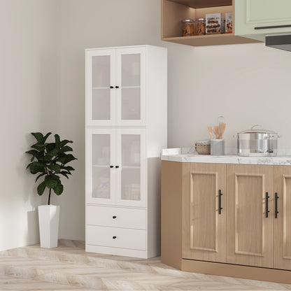 Kitchen Cabinet Tall Cupboard with Worktop, 4 Glass Doors and 2 Drawers Buffet Cabinet Display Cabinet with Adjustable Shelves White, 59 x 30 x 170 cm