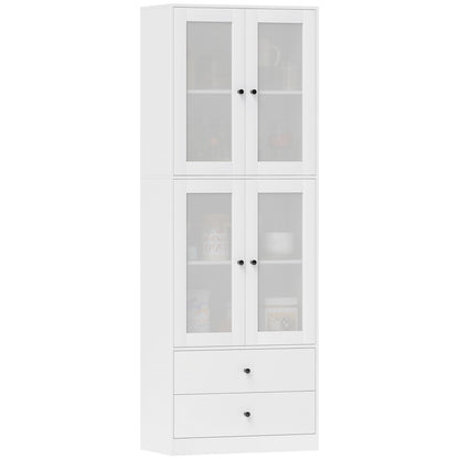 Kitchen Cabinet Tall Cupboard with Worktop, 4 Glass Doors and 2 Drawers Buffet Cabinet Display Cabinet with Adjustable Shelves White, 59 x 30 x 170 cm
