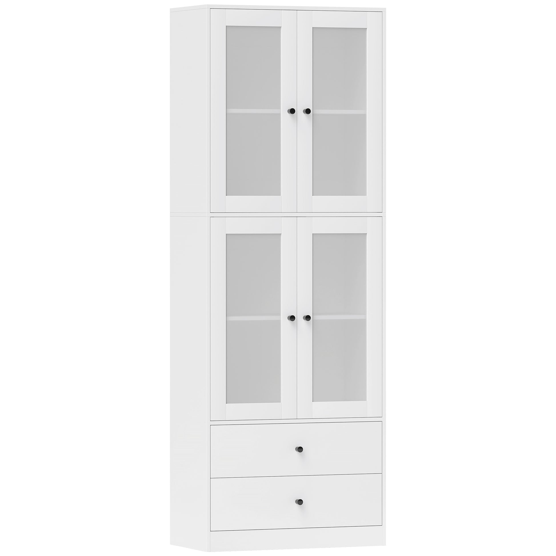 Kitchen Cabinet Tall Cupboard with Worktop, 4 Glass Doors and 2 Drawers Buffet Cabinet Display Cabinet with Adjustable Shelves White, 59 x 30 x 170 cm