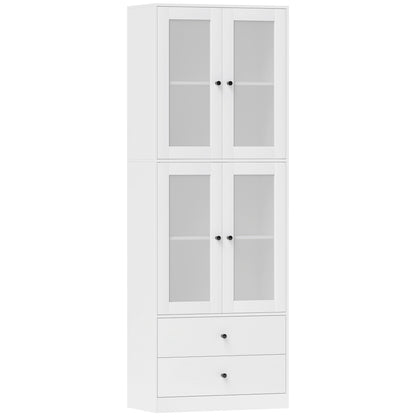Kitchen Cabinet Tall Cupboard with Worktop, 4 Glass Doors and 2 Drawers Buffet Cabinet Display Cabinet with Adjustable Shelves White, 59 x 30 x 170 cm