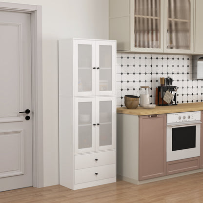 Kitchen Cabinet Tall Cupboard with Worktop, 4 Glass Doors and 2 Drawers Buffet Cabinet Display Cabinet with Adjustable Shelves White, 59 x 30 x 170 cm