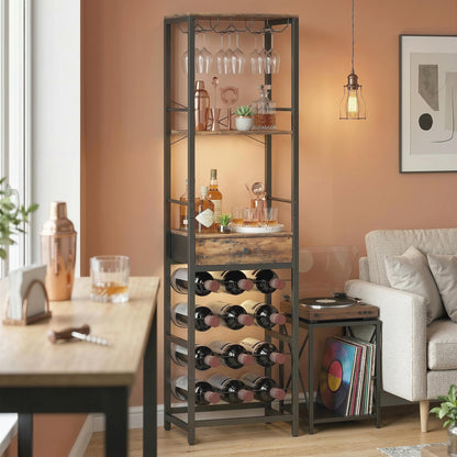 12-Bottle Wine Rack with Open Shelf and Drawer, Industrial Metal Wine Shelf for Kitchen, Living Room, Bar — 15.7 x 11.8 x 58.3 in (40 x 30 x 148 cm), Rustic Brown