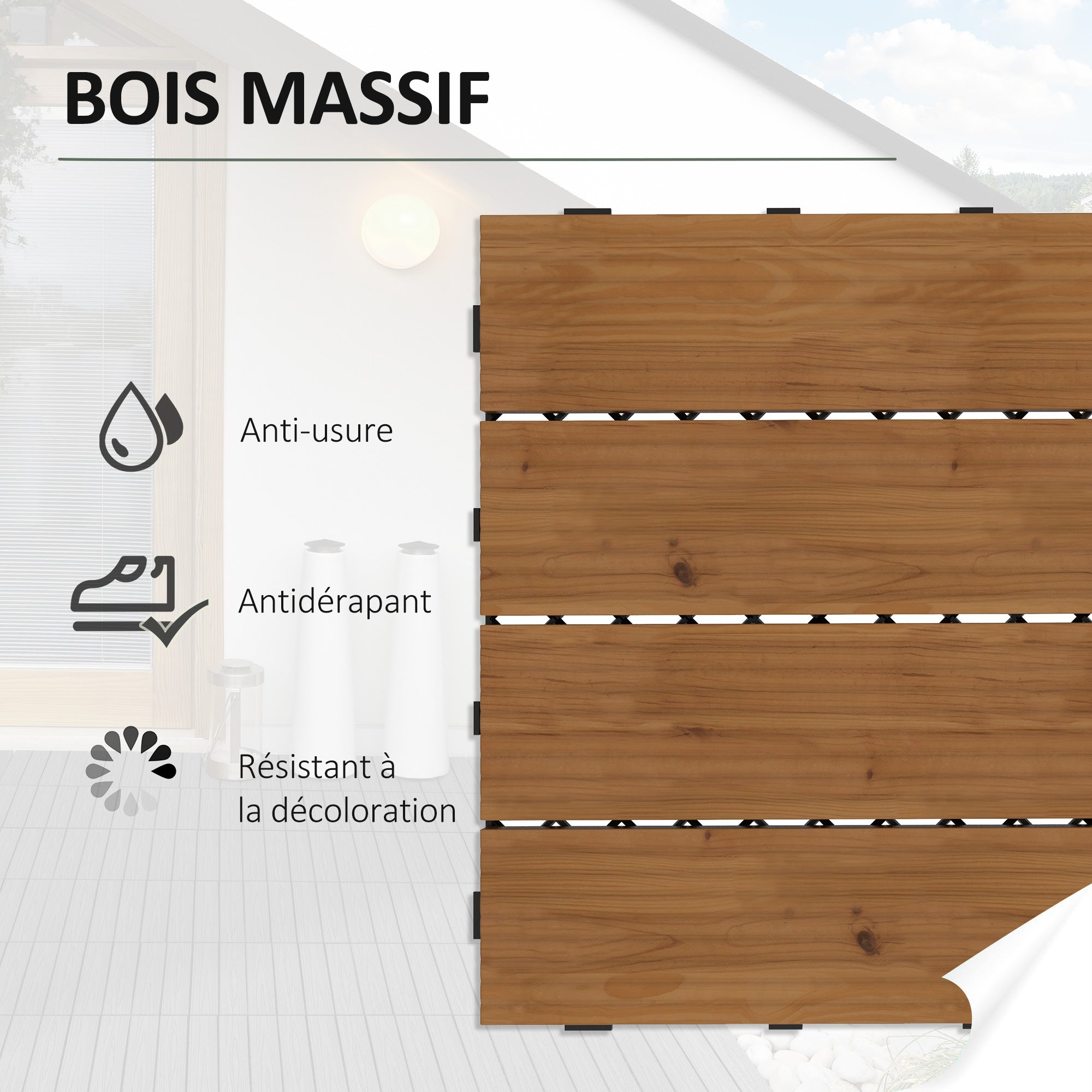 Terrace Tiles - Slats - Set of 12 pcs, Max. Surface 1.08 m²- interlocking, Very Simple Installation, dim. 30 x 30 cm