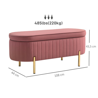 Velvet Upholstered End of Bed Bench Storage Ottoman with Gold Legs Entryway Bedroom Bench 108x44x43.5 cm Pink