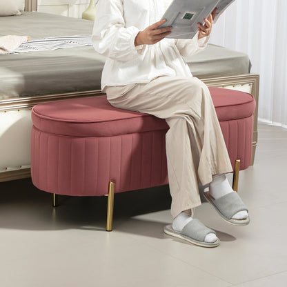 Velvet Upholstered End of Bed Bench Storage Ottoman with Gold Legs Entryway Bedroom Bench 108x44x43.5 cm Pink