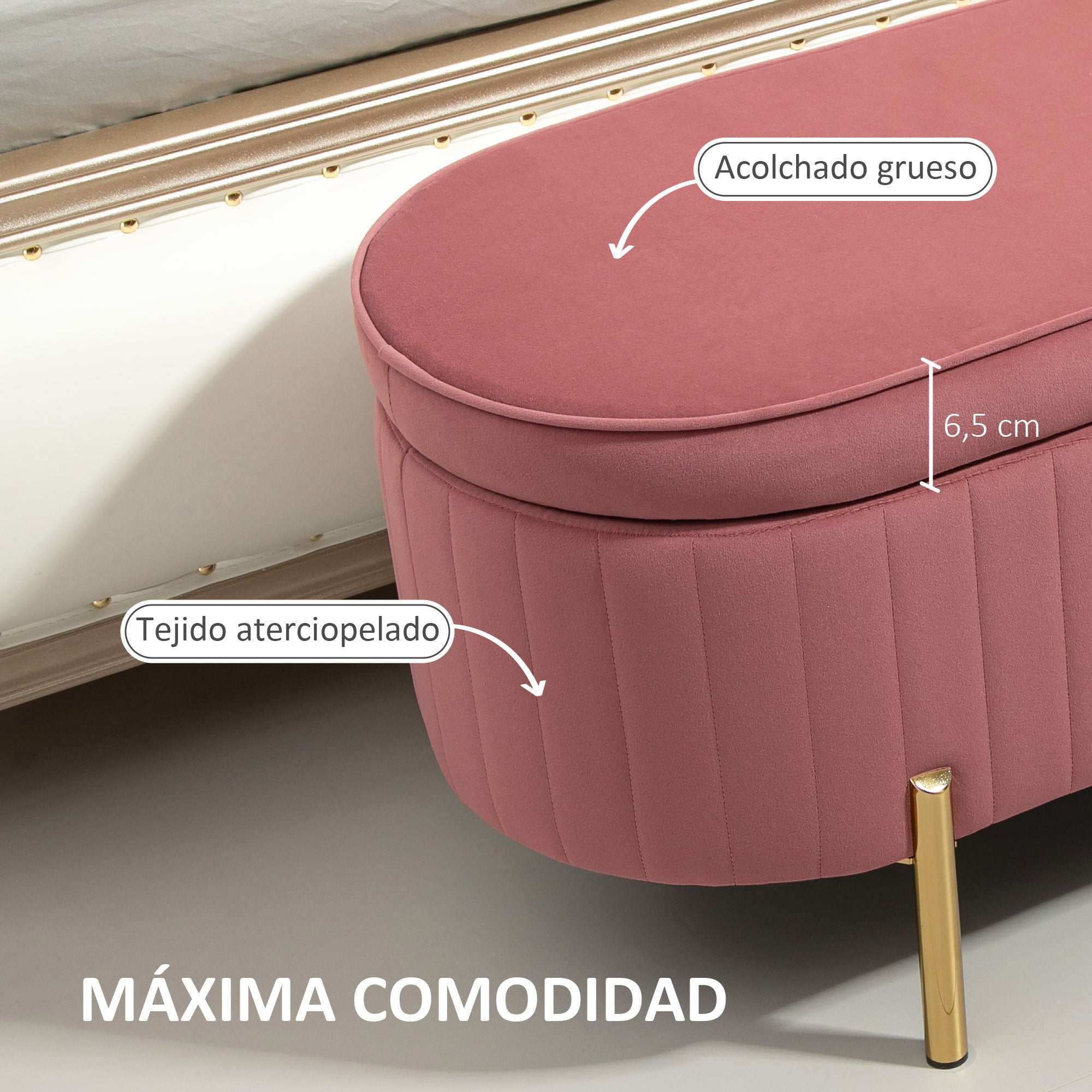 Velvet Upholstered End of Bed Bench Storage Ottoman with Gold Legs Entryway Bedroom Bench 108x44x43.5 cm Pink