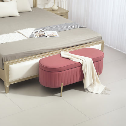 Velvet Upholstered End of Bed Bench Storage Ottoman with Gold Legs Entryway Bedroom Bench 108x44x43.5 cm Pink