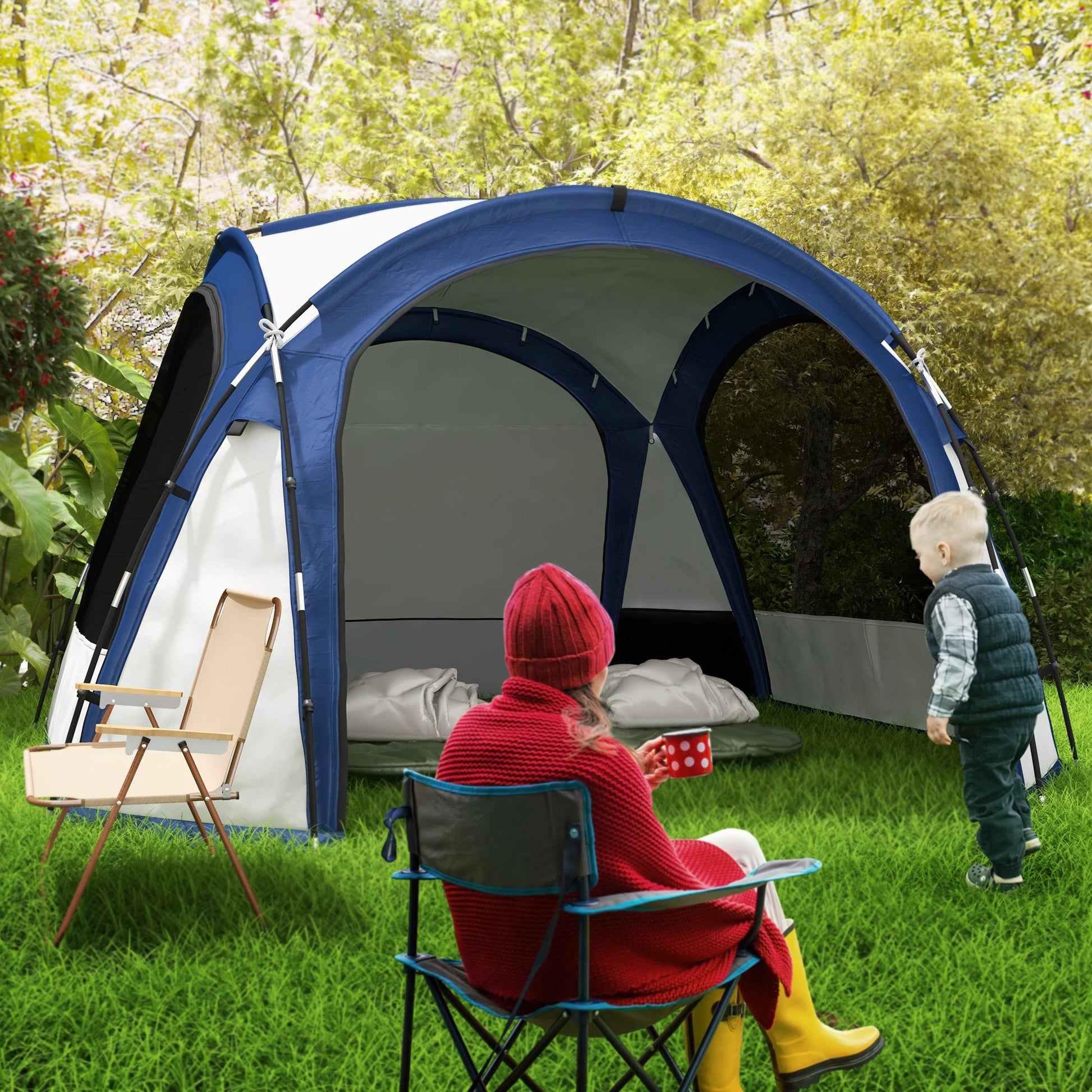 Portable Tent for 6-8 People Camping Tent with 4 Mesh Hooks and Anti-UV Carrying Bag for Fishing Hiking 350x350x230 cm White and Blue