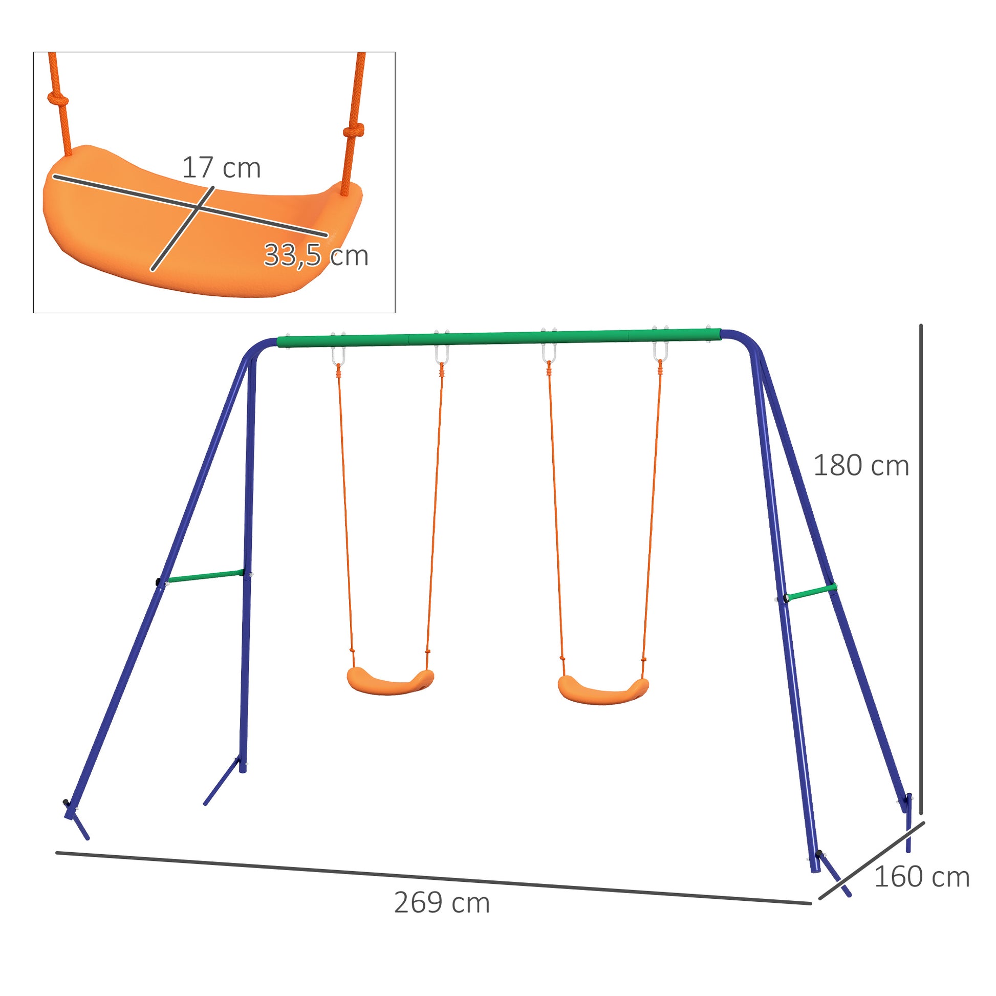 Children's Swing Set, Swing Frame with 2 Swings, Swing Structure, Garden Swing for Two Children 3-8 Years, Steel, 2.69 x 1.6 x 1.8 m