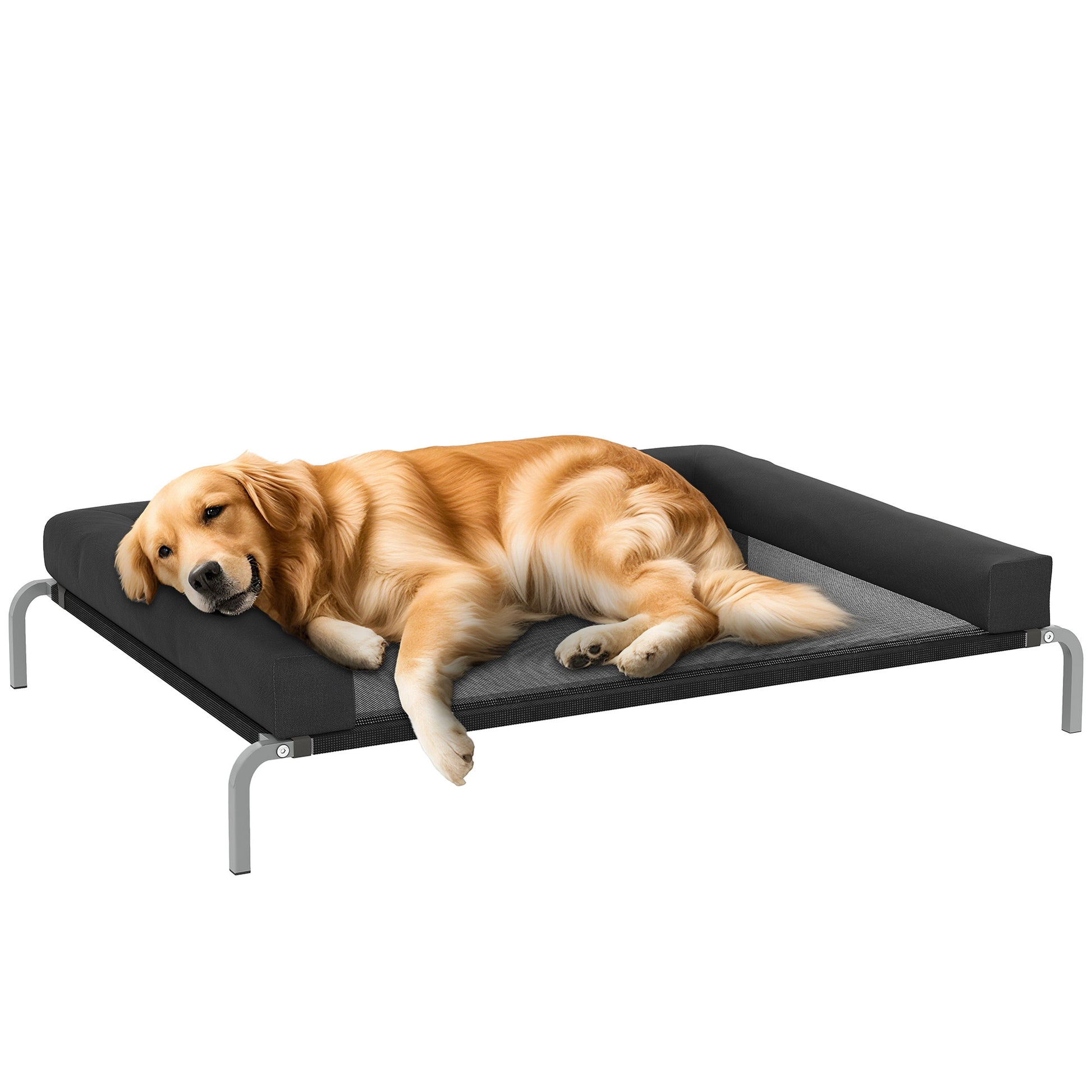 Cooling Elevated Dog Bed, Portable Indoor Outdoor Dog Camp Bed with U-Shaped Pillow, Breathable Mesh, Bite-Resistant, 130 x 90 x 30 cm, Black
