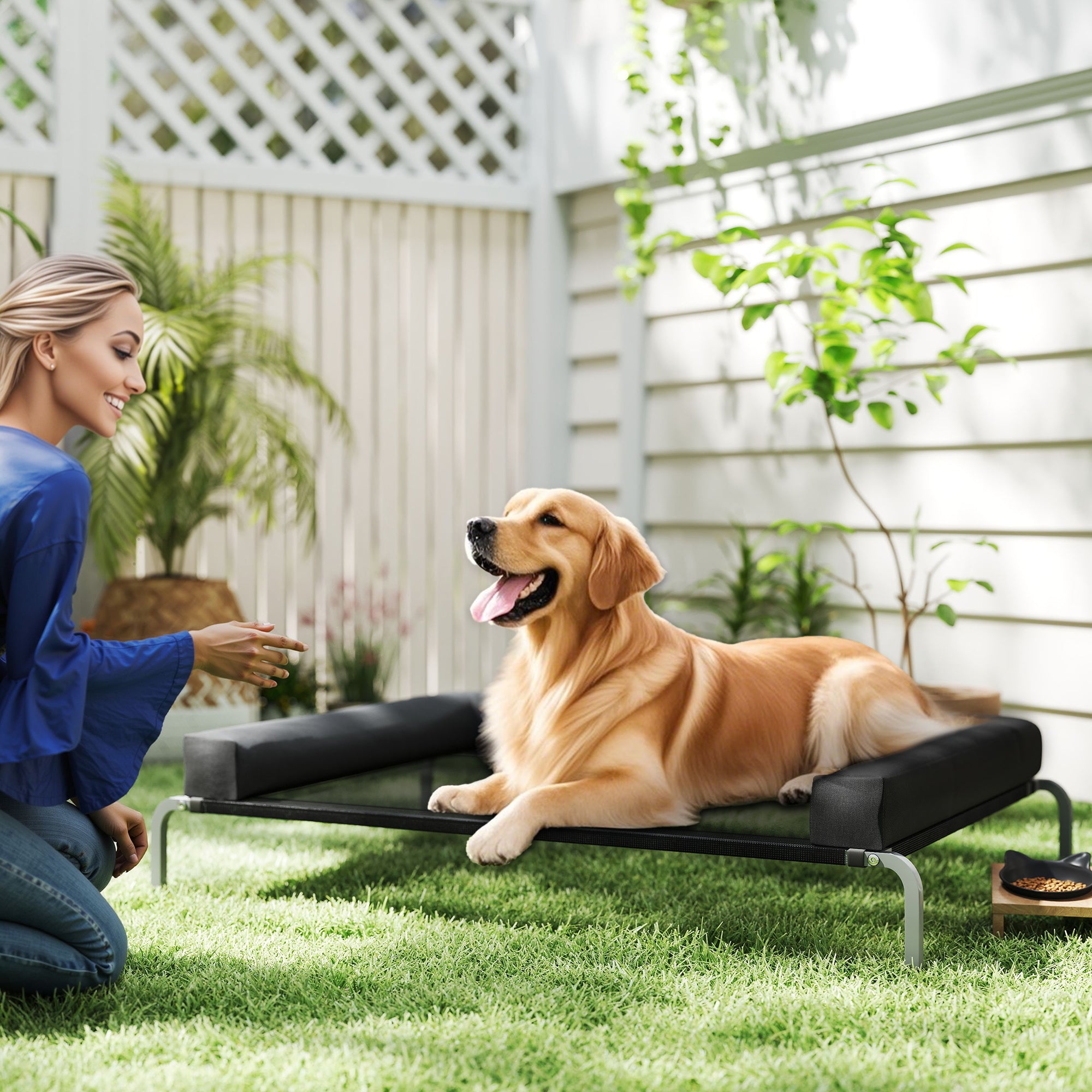 Cooling Elevated Dog Bed, Portable Indoor Outdoor Dog Camp Bed with U-Shaped Pillow, Breathable Mesh, Bite-Resistant, 130 x 90 x 30 cm, Black