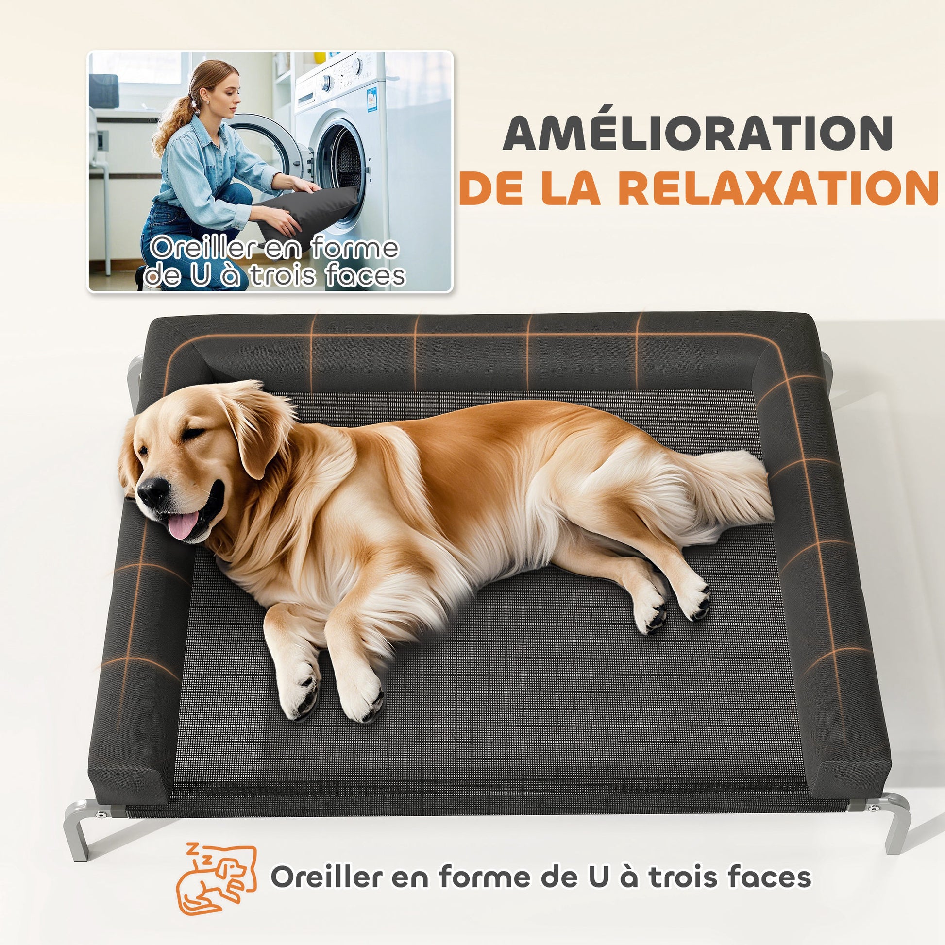 Cooling Elevated Dog Bed, Portable Indoor Outdoor Dog Camp Bed with U-Shaped Pillow, Breathable Mesh, Bite-Resistant, 130 x 90 x 30 cm, Black