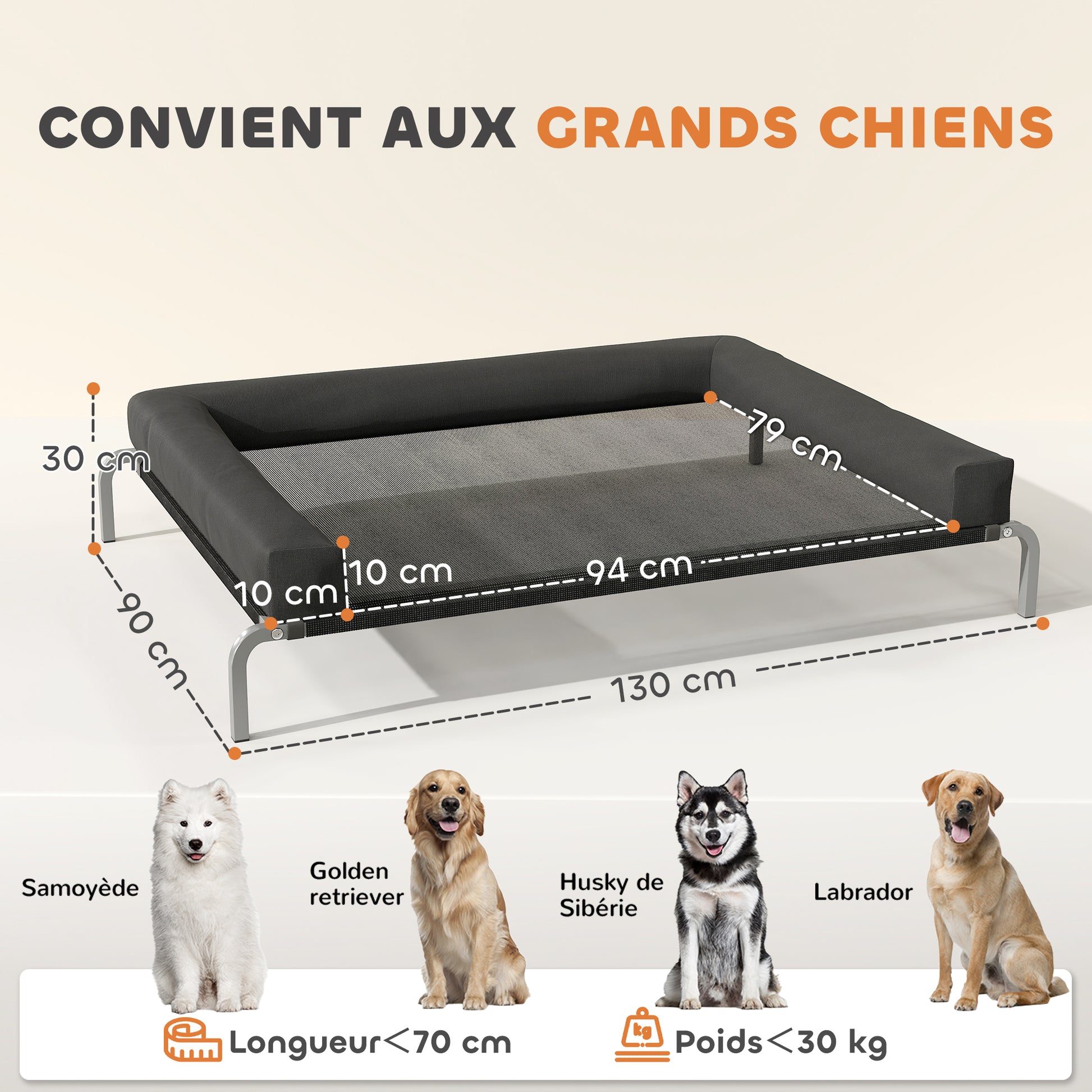 Cooling Elevated Dog Bed, Portable Indoor Outdoor Dog Camp Bed with U-Shaped Pillow, Breathable Mesh, Bite-Resistant, 130 x 90 x 30 cm, Black