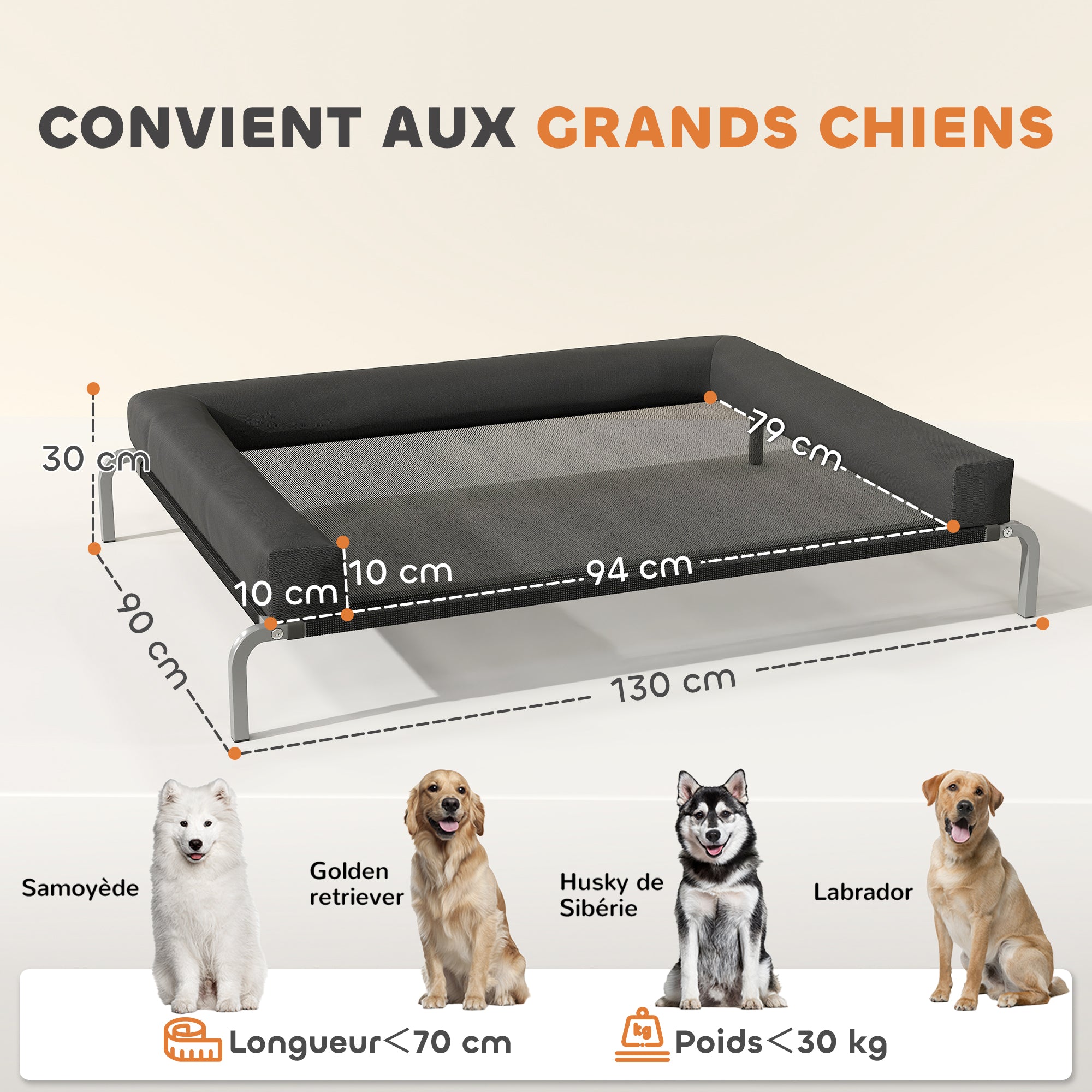 Cooling Elevated Dog Bed, Portable Indoor Outdoor Dog Camp Bed with U-Shaped Pillow, Breathable Mesh, Bite-Resistant, 130 x 90 x 30 cm, Black