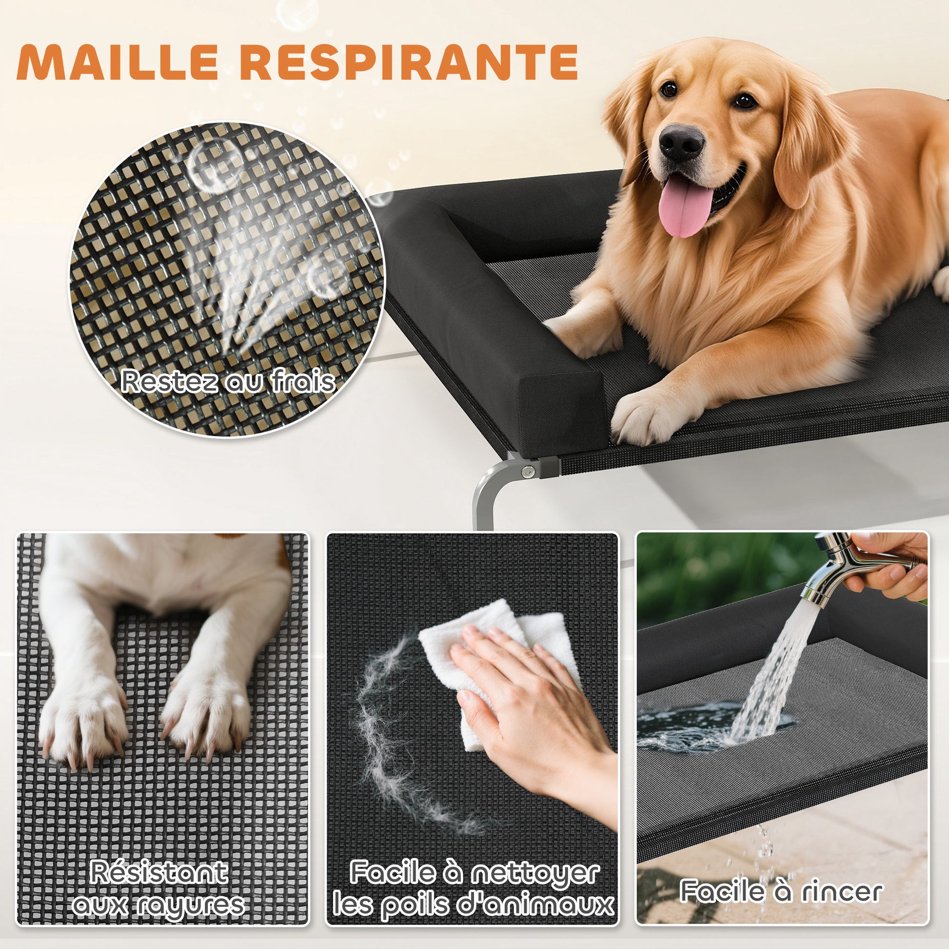 Cooling Elevated Dog Bed, Portable Indoor Outdoor Dog Camp Bed with U-Shaped Pillow, Breathable Mesh, Bite-Resistant, 130 x 90 x 30 cm, Black