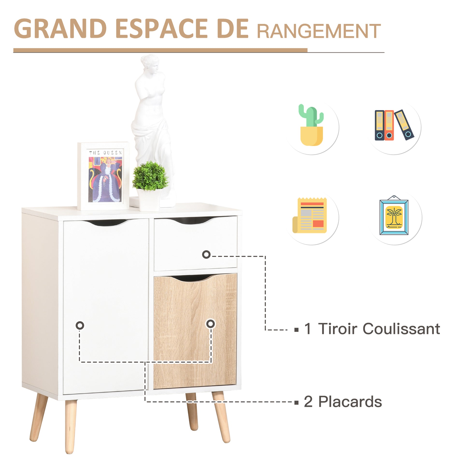 Buffet Storage Furniture Scandinavian Design 2 Cabinets Sliding Drawer White Oak Light