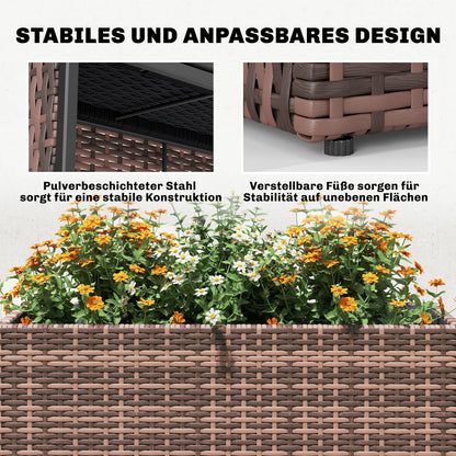 Raised Planter with Adjustable Feet for Terrace & Balcony — PE Rattan, Freestanding Steel Frame with Removable Liner, Brown