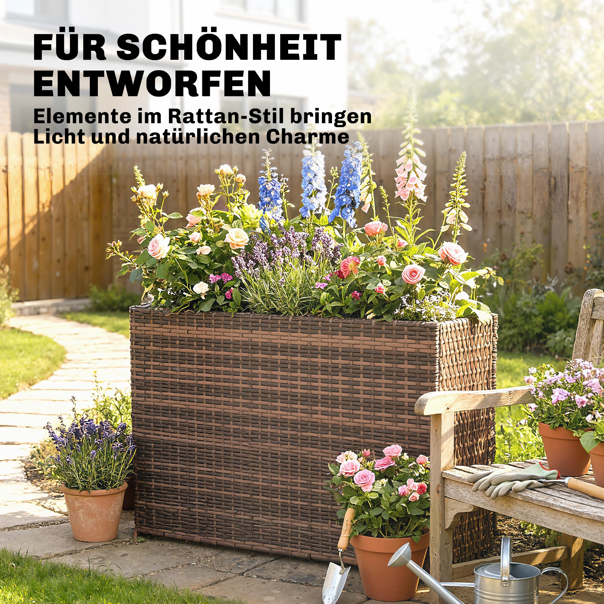 Raised Planter with Adjustable Feet for Terrace & Balcony — PE Rattan, Freestanding Steel Frame with Removable Liner, Brown