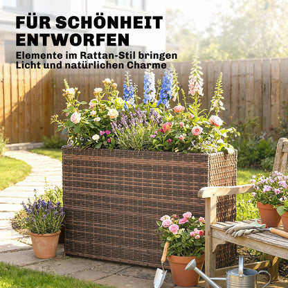 Raised Planter with Adjustable Feet for Terrace & Balcony — PE Rattan, Freestanding Steel Frame with Removable Liner, Brown