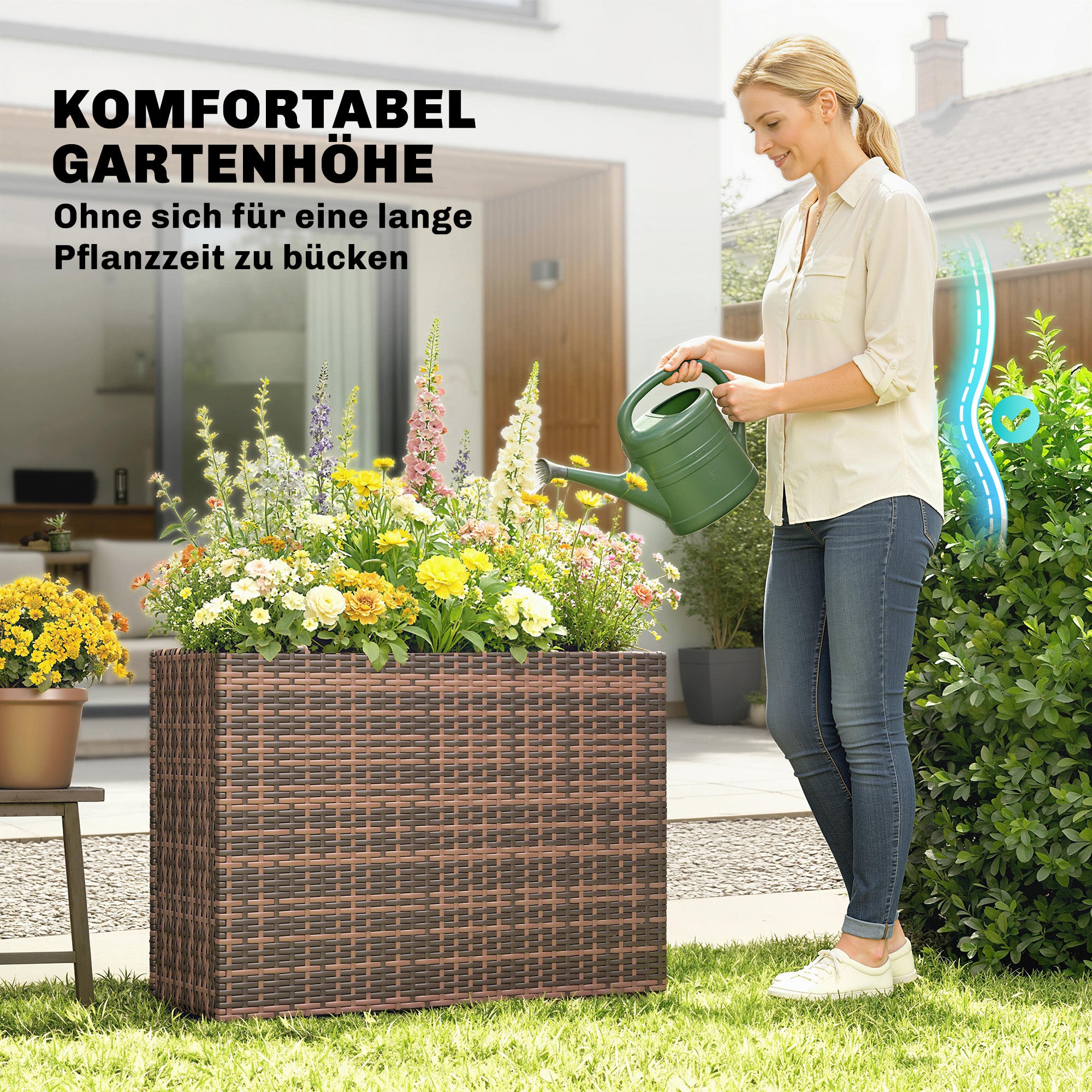 Raised Planter with Adjustable Feet for Terrace & Balcony — PE Rattan, Freestanding Steel Frame with Removable Liner, Brown
