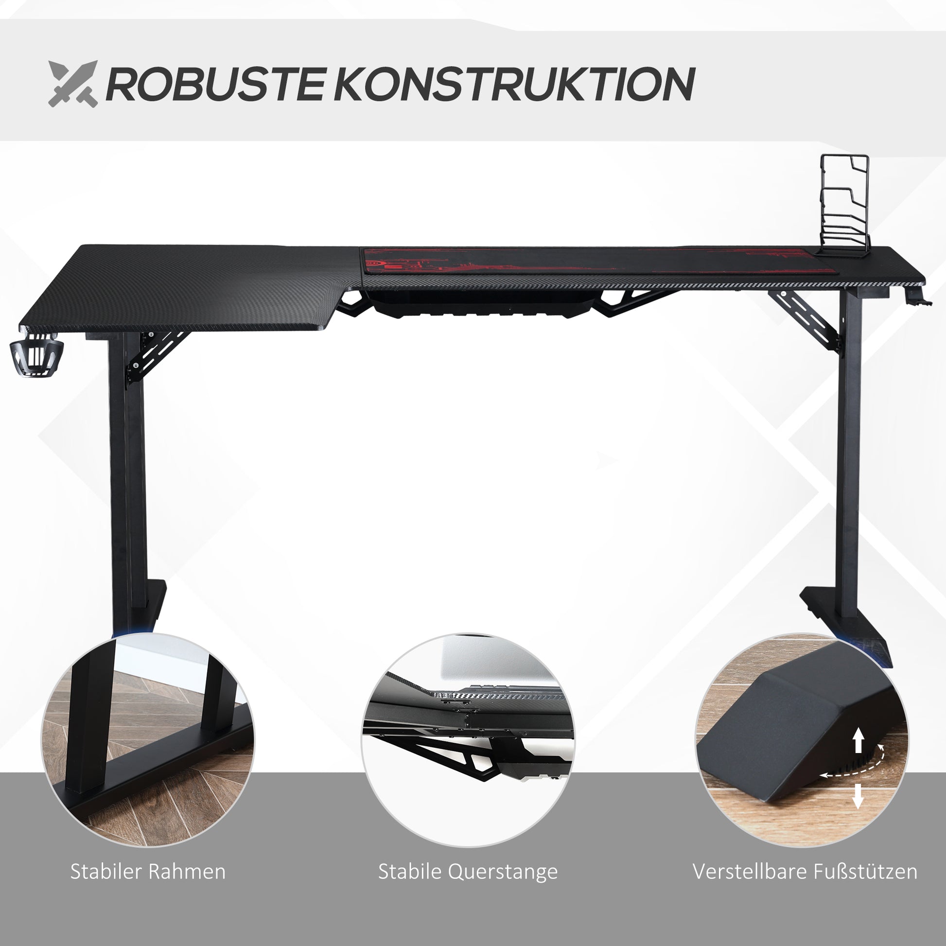 Gaming Desk L-Shaped with Headphone Hook Cup Holder Computer Desk MDF Metal Black+Red 168 x 109 x 78 cm