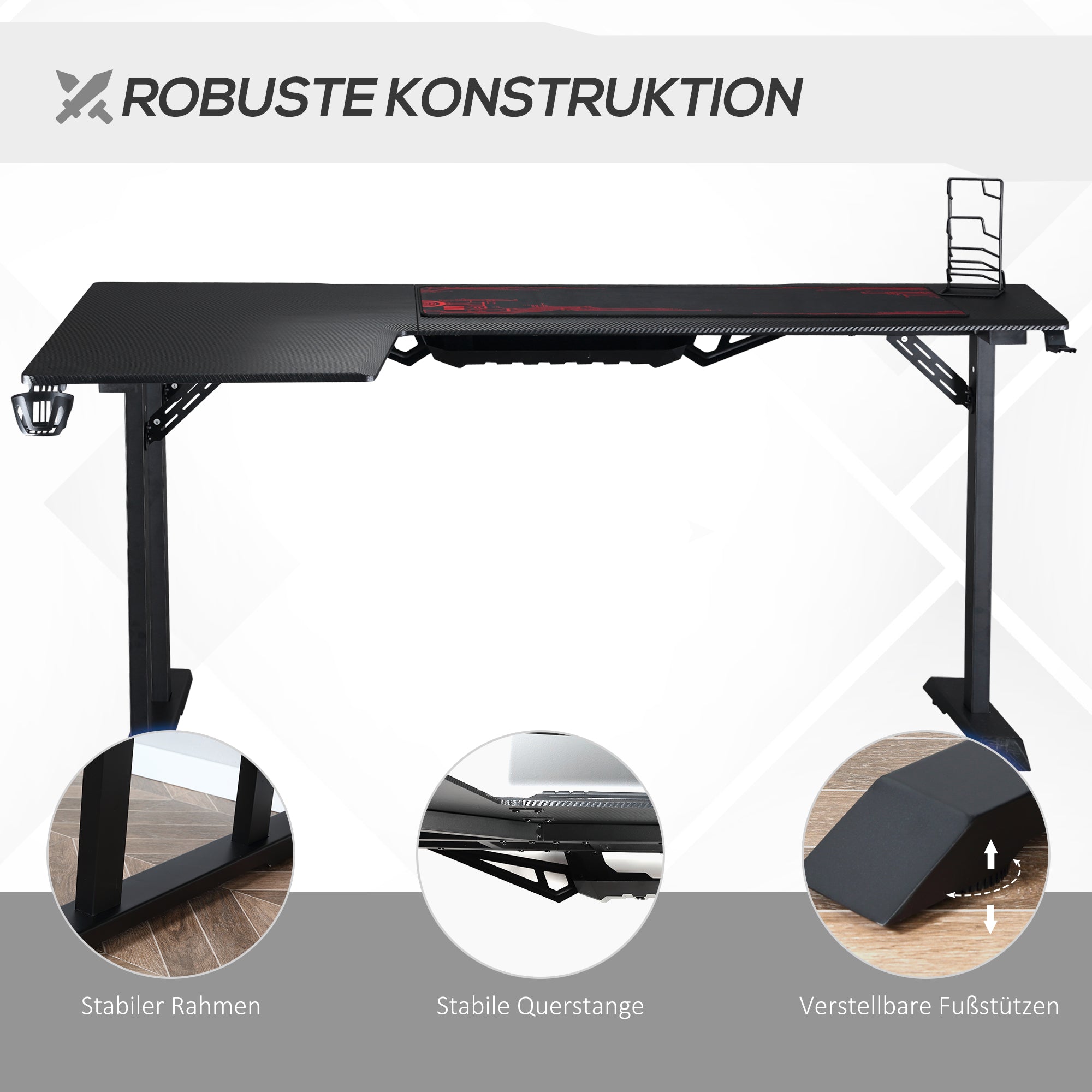 Gaming Desk L-Shaped with Headphone Hook Cup Holder Computer Desk MDF Metal Black+Red 168 x 109 x 78 cm