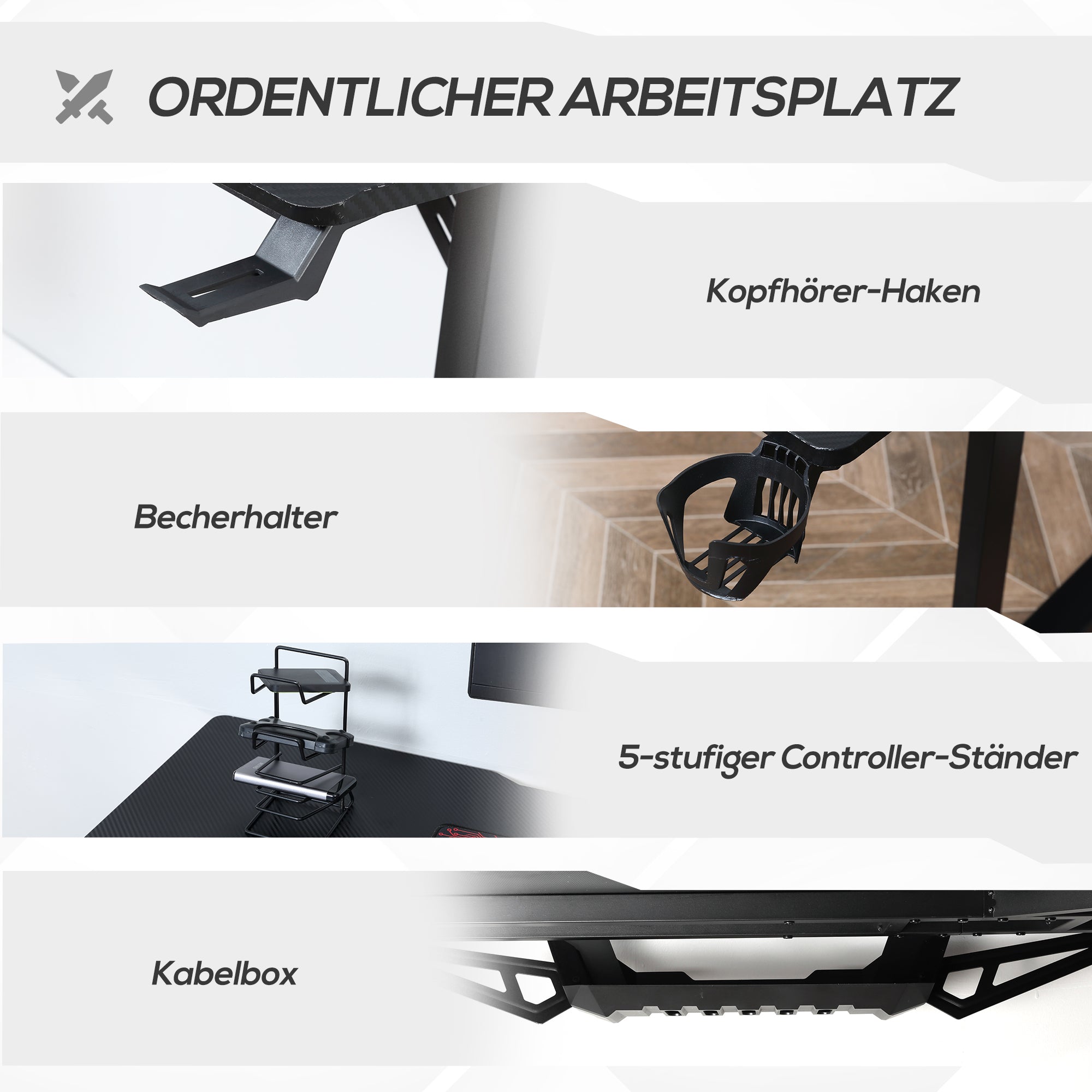 Gaming Desk L-Shaped with Headphone Hook Cup Holder Computer Desk MDF Metal Black+Red 168 x 109 x 78 cm