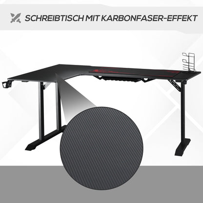 Gaming Desk L-Shaped with Headphone Hook Cup Holder Computer Desk MDF Metal Black+Red 168 x 109 x 78 cm