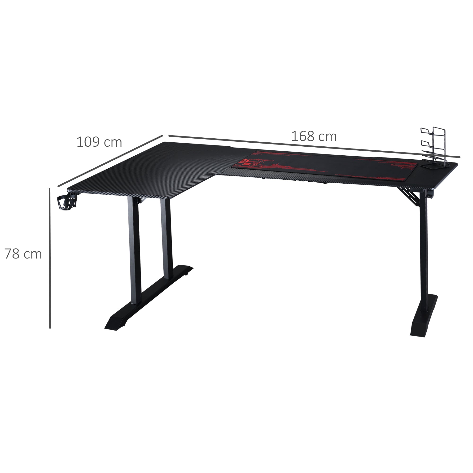 Gaming Desk L-Shaped with Headphone Hook Cup Holder Computer Desk MDF Metal Black+Red 168 x 109 x 78 cm
