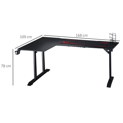 Gaming Desk L-Shaped with Headphone Hook Cup Holder Computer Desk MDF Metal Black+Red 168 x 109 x 78 cm