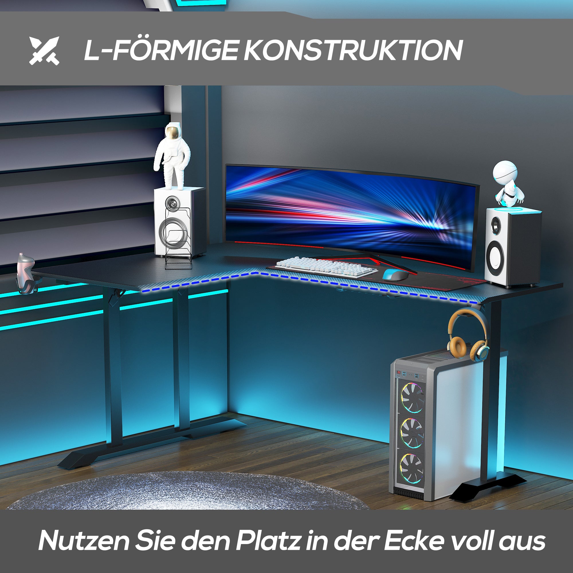 Gaming Desk L-Shaped with Headphone Hook Cup Holder Computer Desk MDF Metal Black+Red 168 x 109 x 78 cm