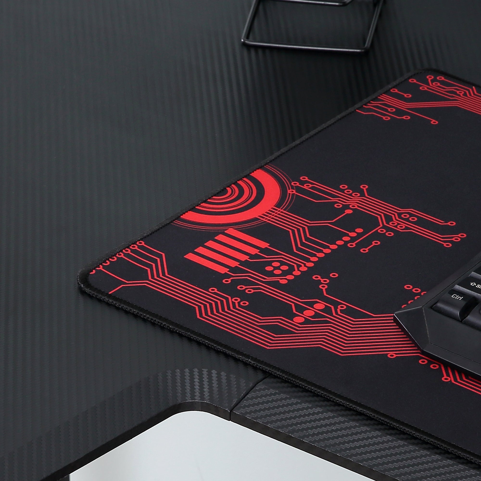 Gaming Desk L-Shaped with Headphone Hook Cup Holder Computer Desk MDF Metal Black+Red 168 x 109 x 78 cm