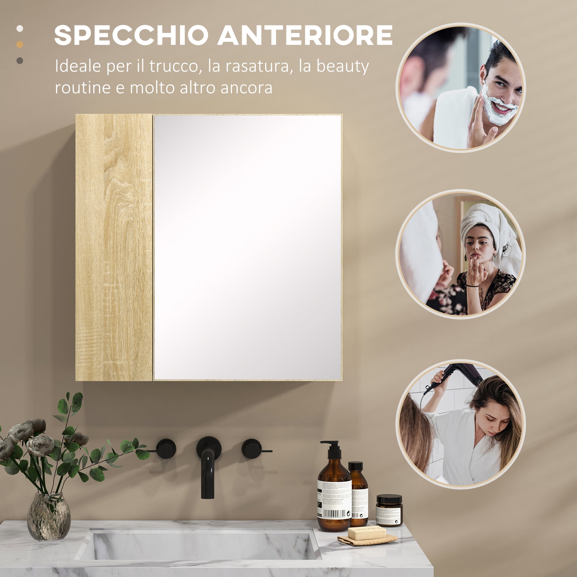 Bathroom Cabinet with Mirror and 4 Internal Shelves, in Chipboard, 60x15x60cm, Wood Color