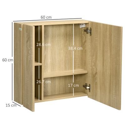 Bathroom Cabinet with Mirror and 4 Internal Shelves, in Chipboard, 60x15x60cm, Wood Color