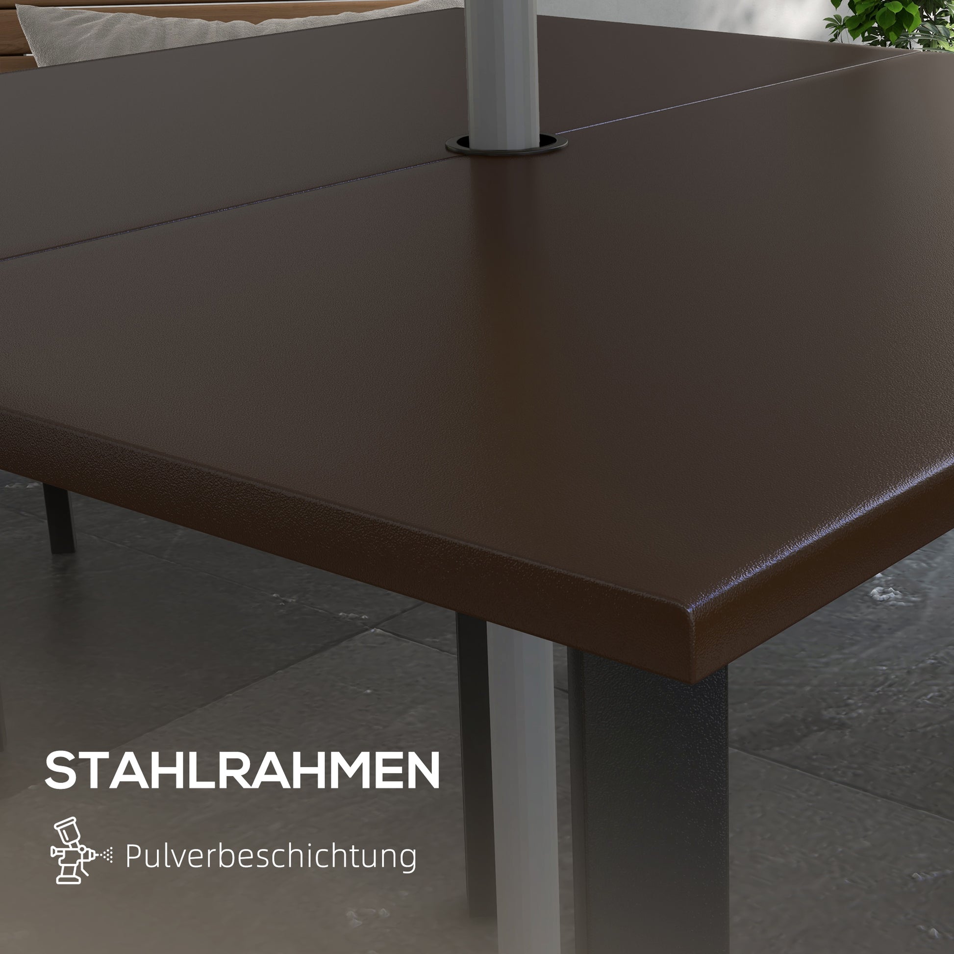 Garden Table, Dining Table for Garden, Square Balcony Table for 4 People Patio Table with Umbrella Hole, Steel, Brown, 100 x 100 x 72 cm