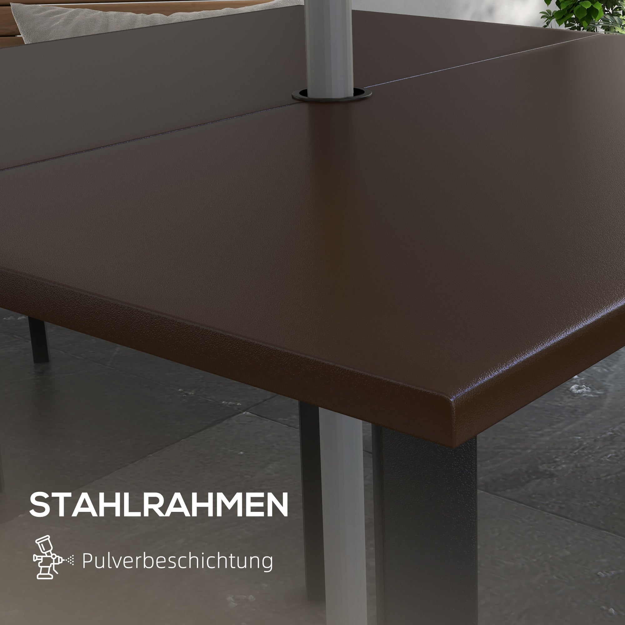 Garden Table, Dining Table for Garden, Square Balcony Table for 4 People Patio Table with Umbrella Hole, Steel, Brown, 100 x 100 x 72 cm